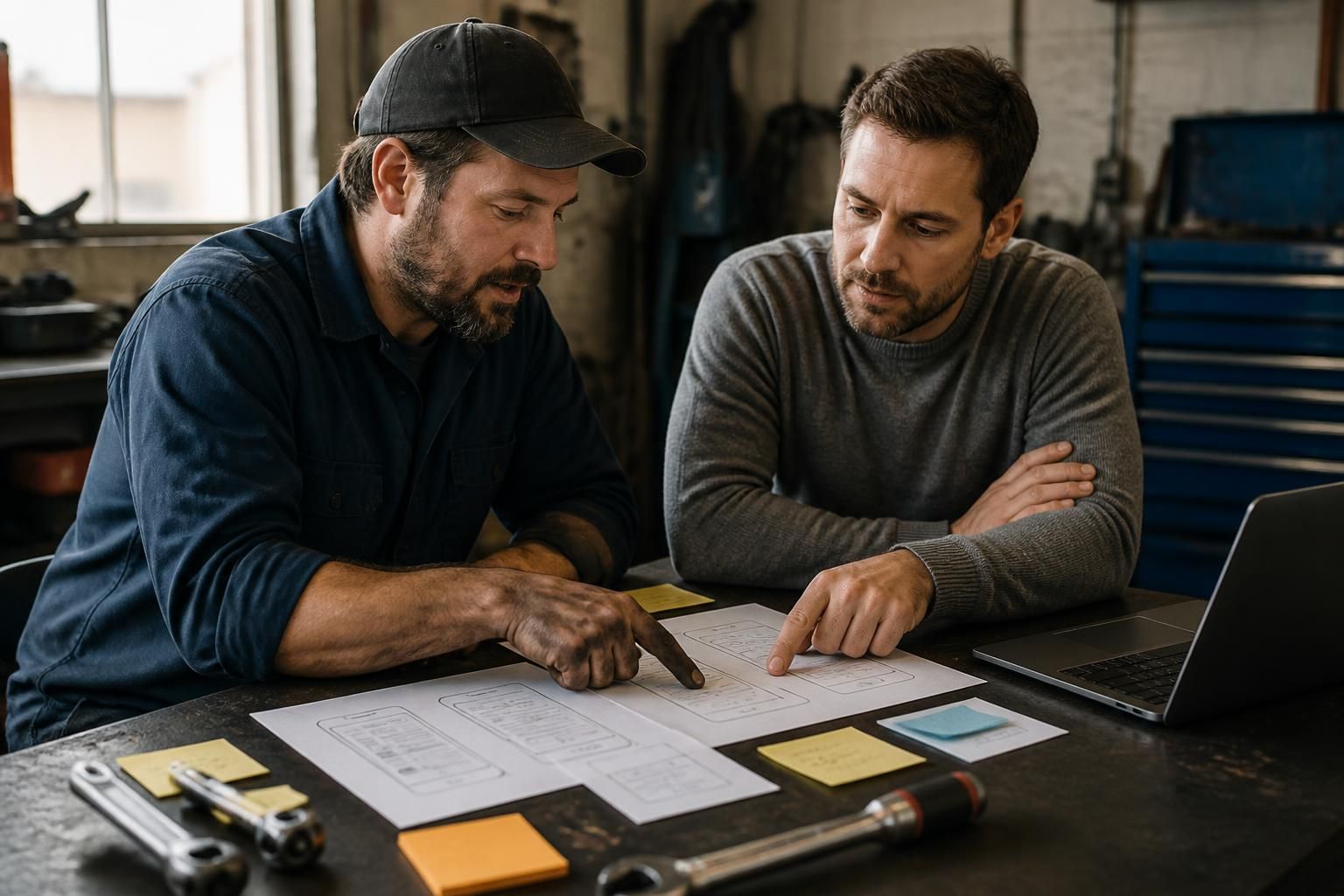 A shop owner and a designer at a workbench, reviewing printed sketches of app screens together.